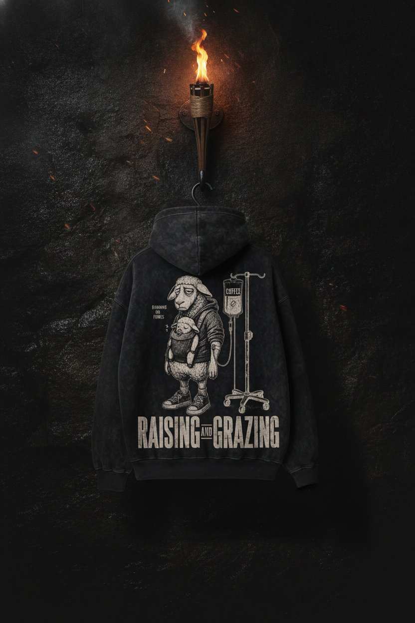 Running on Fumes — charcoal hoodie on a forged-iron torch in the cavern