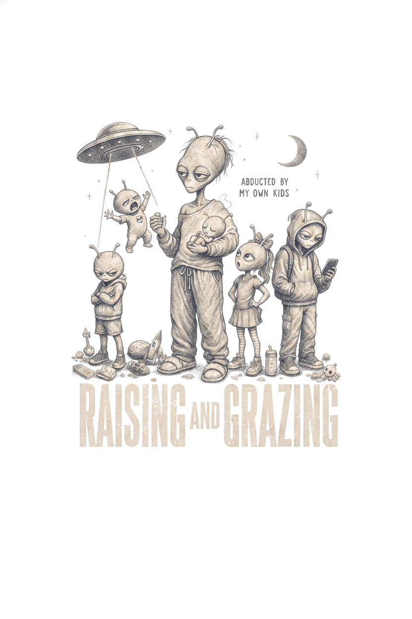Abducted print design — acid wash tee
